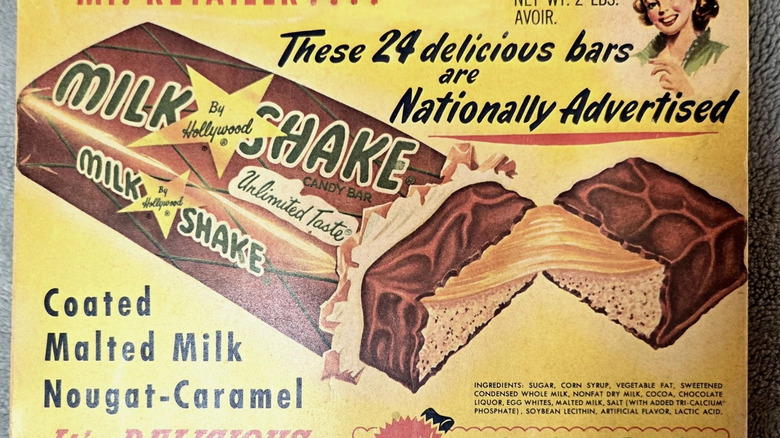 A vintage Milkshake Bar advertisement showing a chcolate bar with malted milk nougat and caramel