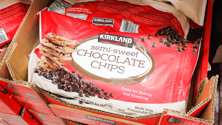 A bag of Kirkland Signature Semi-Sweet Chocolate Chips in a shipping box
