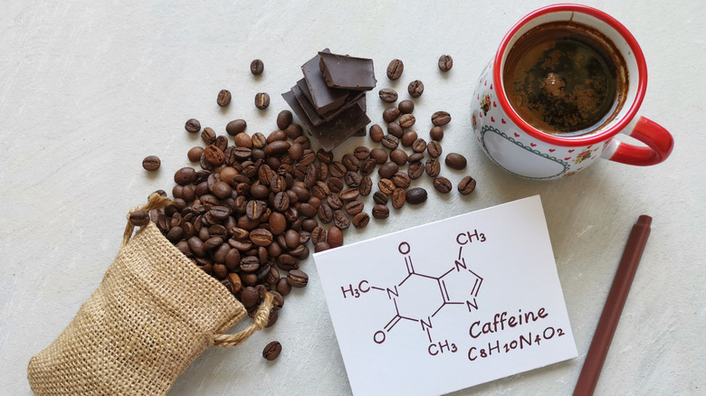 coffee beans, chocolate, caffeine molecule