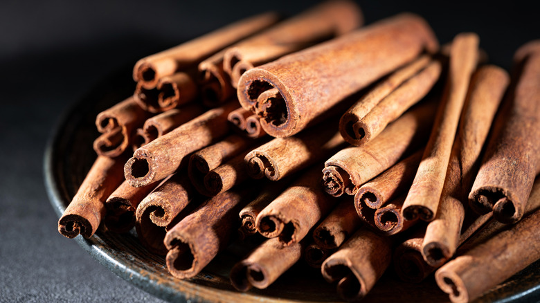 A stack of dried cinnamon sticks on a plate on a gray countertop
