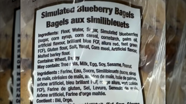 Close-up of ingredients list for Costco Canada's simulated blueberry bagels.