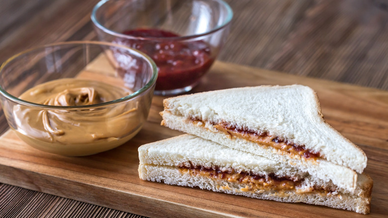 Diagonally cut peanut butter and jelly sandwich