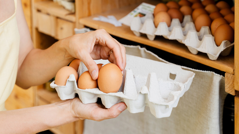 Person holding a carton of farm fresh eggs