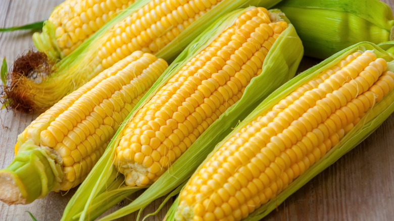 four fresh corn cobs on a wooden table