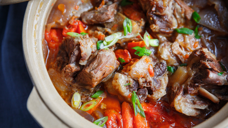 Closeup of a pot of oxtail stew