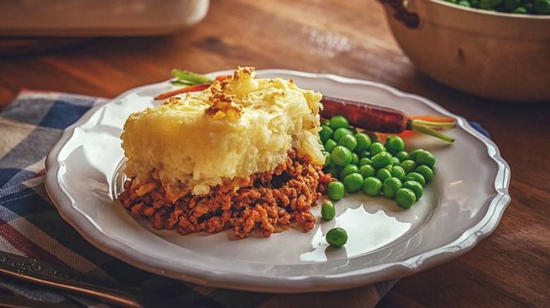 A serving of shepherd's pie made with ground beef.