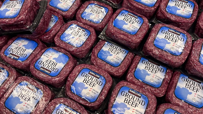 Packages of Kirkland Signature ground beef at Costco.
