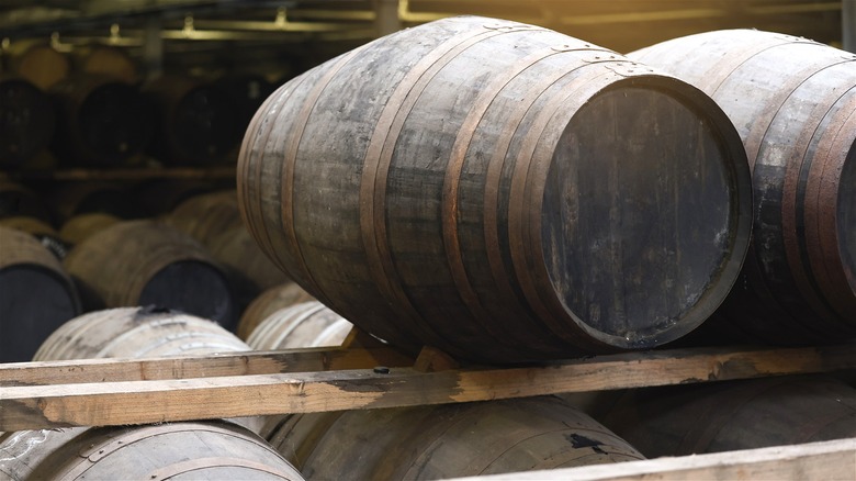 Oak barrels used for aging Scotch whisky.