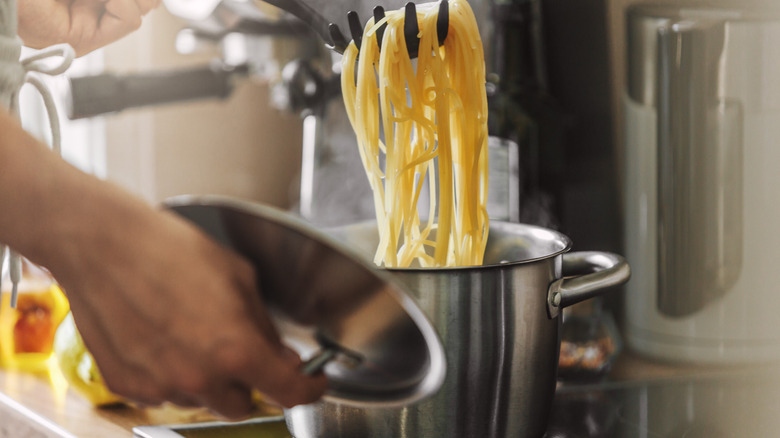 noodles on fork