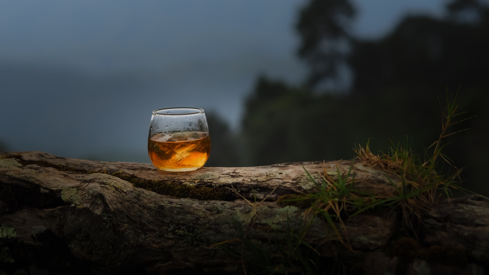 Glass of whiskey on a log
