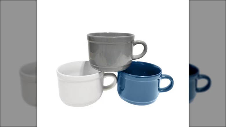 three soup mugs in grey, white, and blue