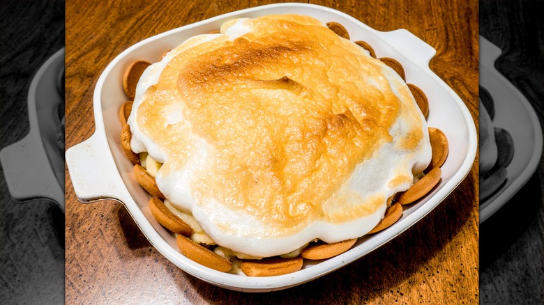 Banana pudding in dish with meringue topping