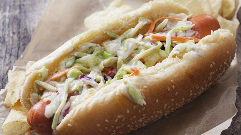 Hot dog topped with coleslaw