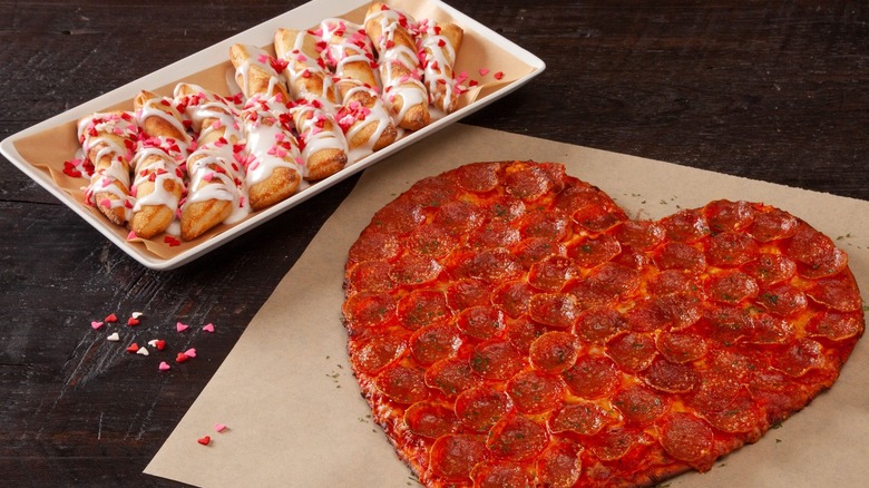 heart-shaped pizza and Donatos twists