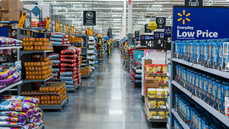 Looking down an aisle at Walmart
