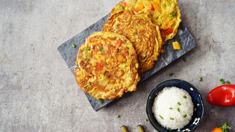 Egg foo yung served with rice