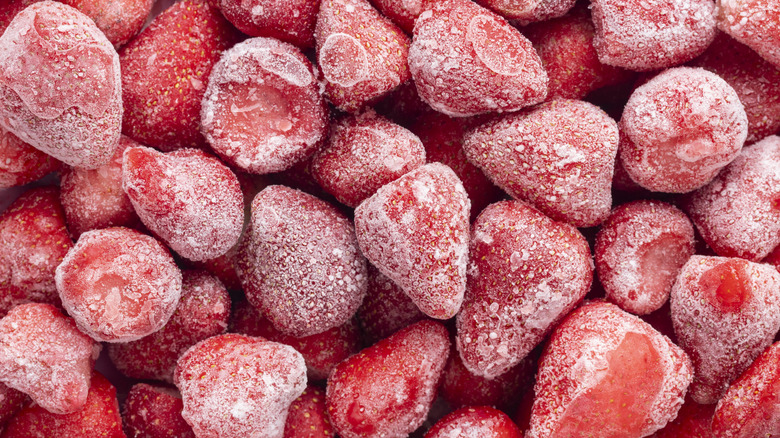 Layers of frozen strawberries.