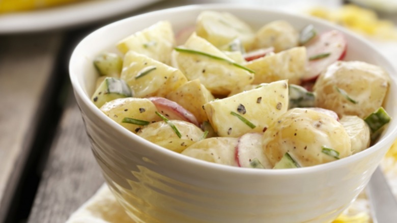 Greek potato salad in a bowl