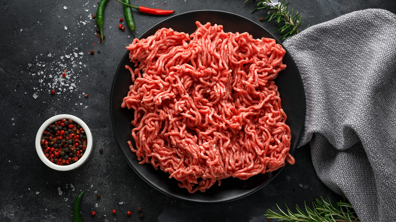 Ground beef in a bowl on a counter