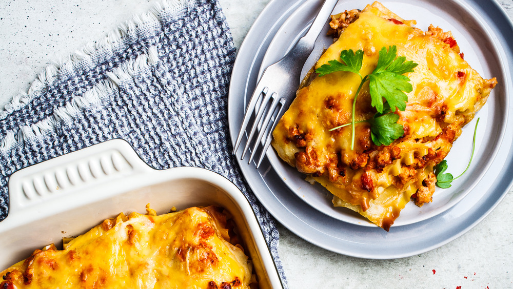 A plate of lasagna and the pan