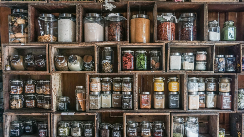 lots of spice jars on shelves