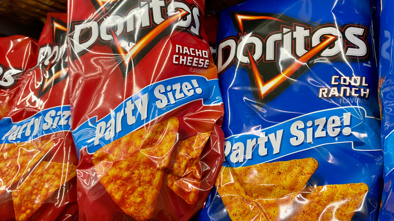 Close up of bags of Doritos and Doritos Cool Ranch chips
