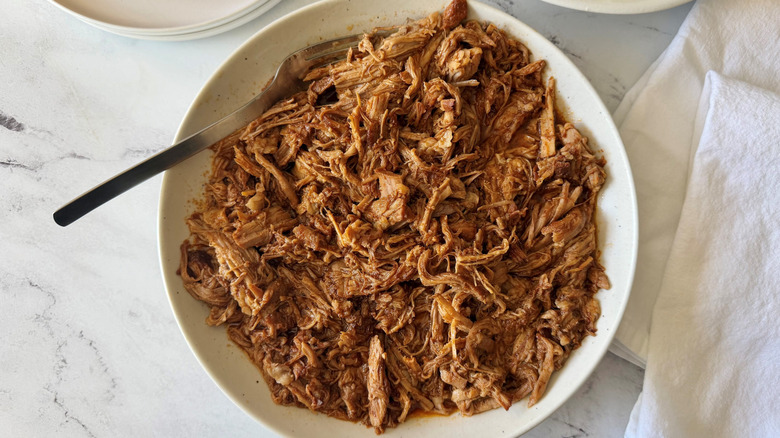 Pulled pork on plate with fork