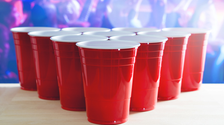 Red cups set up for beer pong