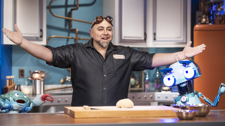 Duff Goldman and puppets on set of Duff's Happy Fun Bake Time