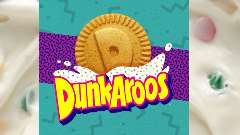 Snack brand Dunkaroos name on a white frosting background