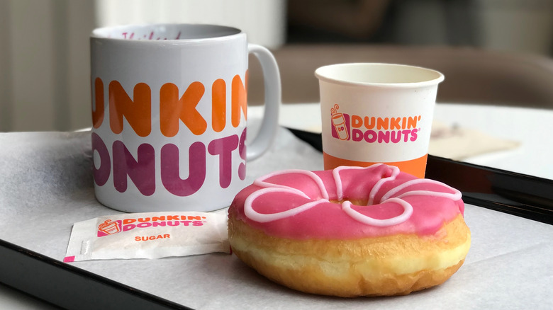 A donut and coffee from Dunkin'.