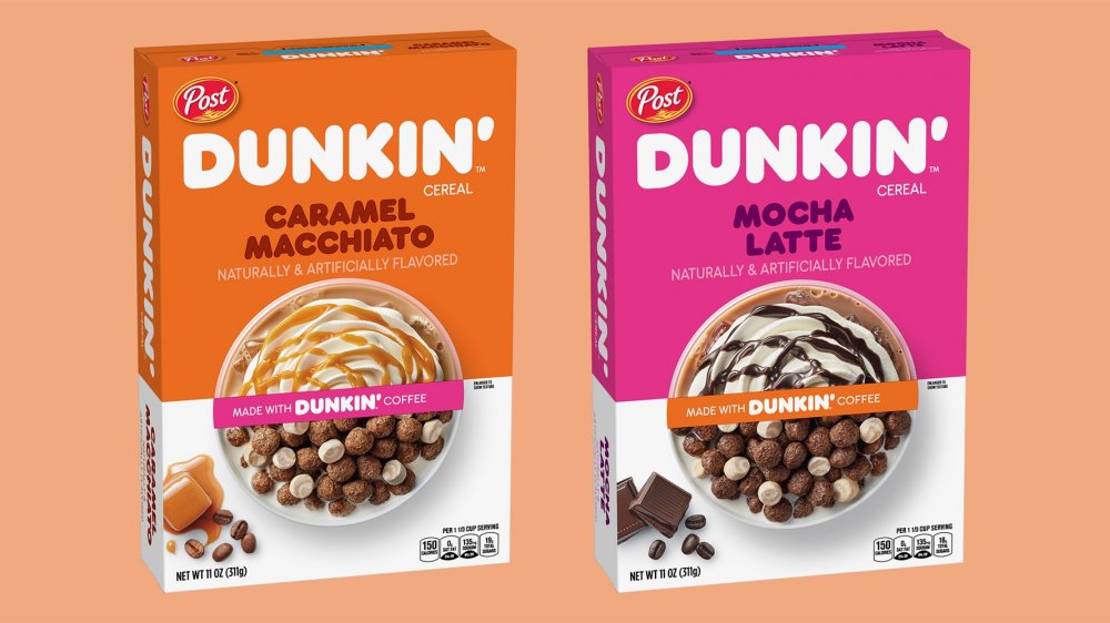 boxes of new Dunkin' caffeinated cereals