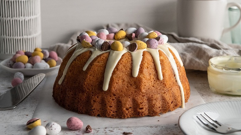 bundt cake with candy eggs