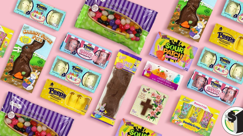 Assortment of Easter candy on a pink background