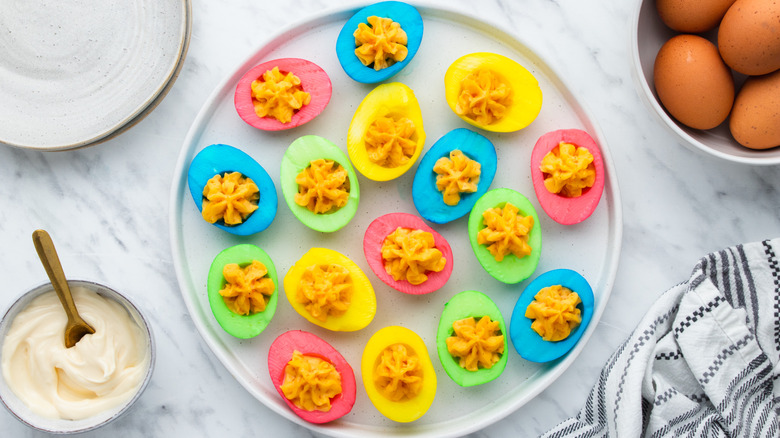 colorful deviled eggs on platter
