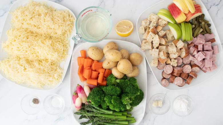 Ingredients for Swiss fondue and dippers