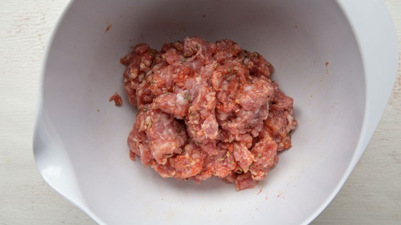 bowl raw pork with seasonings