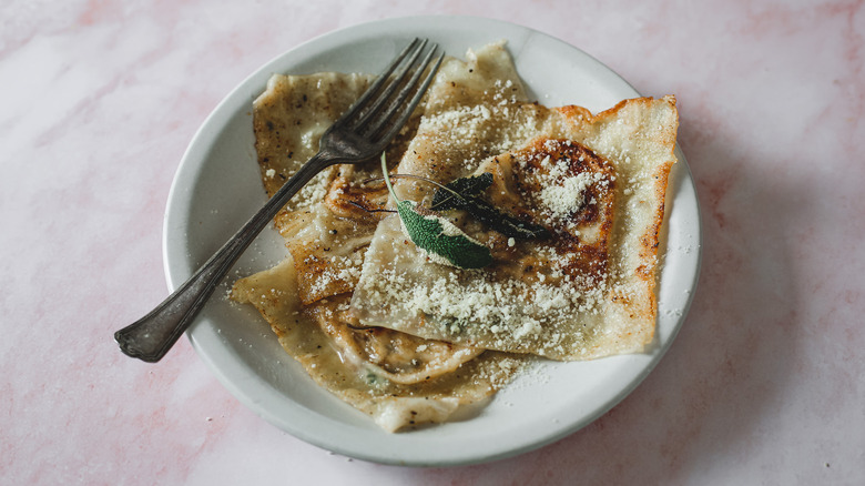 butter sage sauce on ravioli