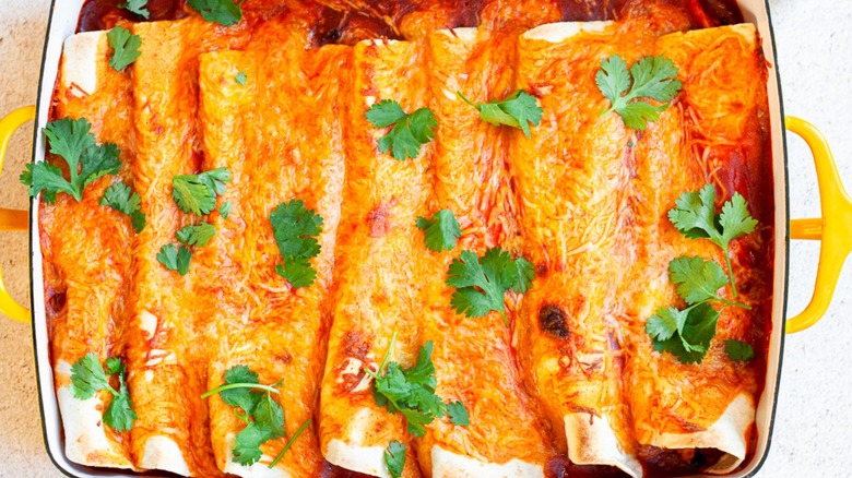 chicken enchiladas in pan