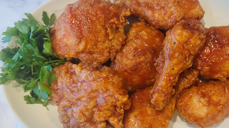 Honey BBQ fried chicken on serving platter
