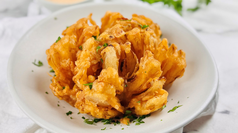 Cactus blossom fried onion on plate