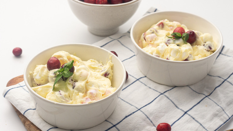Cranberry fluff in white bowls