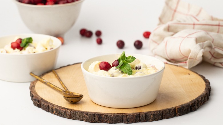 Cranberry fluff in white bowl