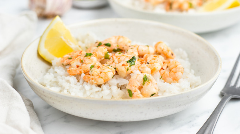 cooked shrimp on rice