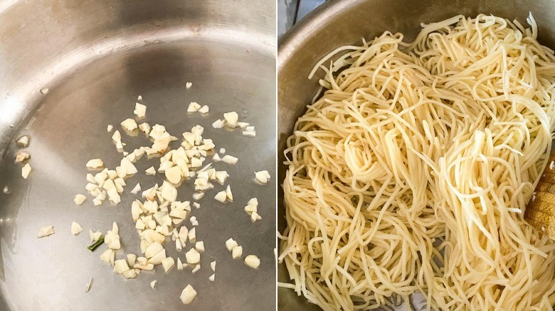 split image garlic and hearts of palm pasta