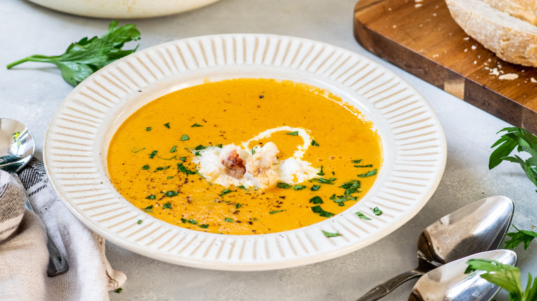 lobster bisque in a bowl 