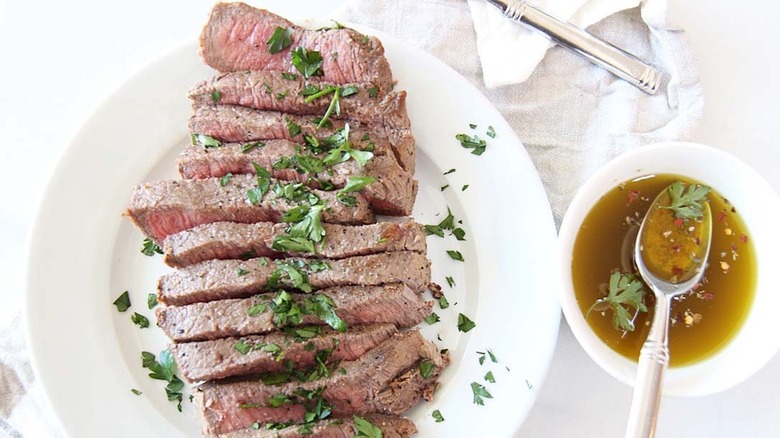 London broil plated with marinade