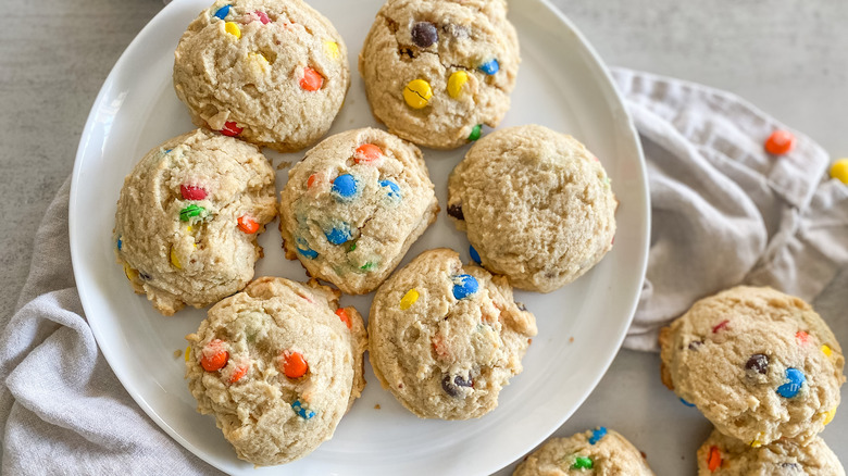 M&M cookies on a large plate