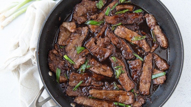 Mongolian beef in skillet