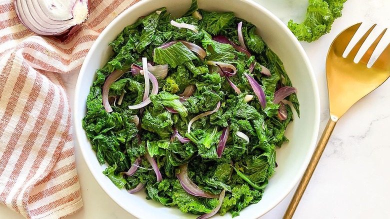 mustard greens with red onion